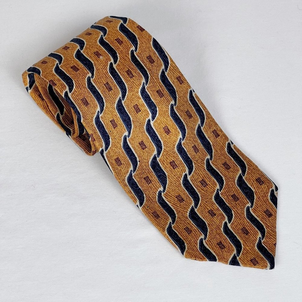 Vintage gold and navy "squiggly" geometric print vertical striped silk tie